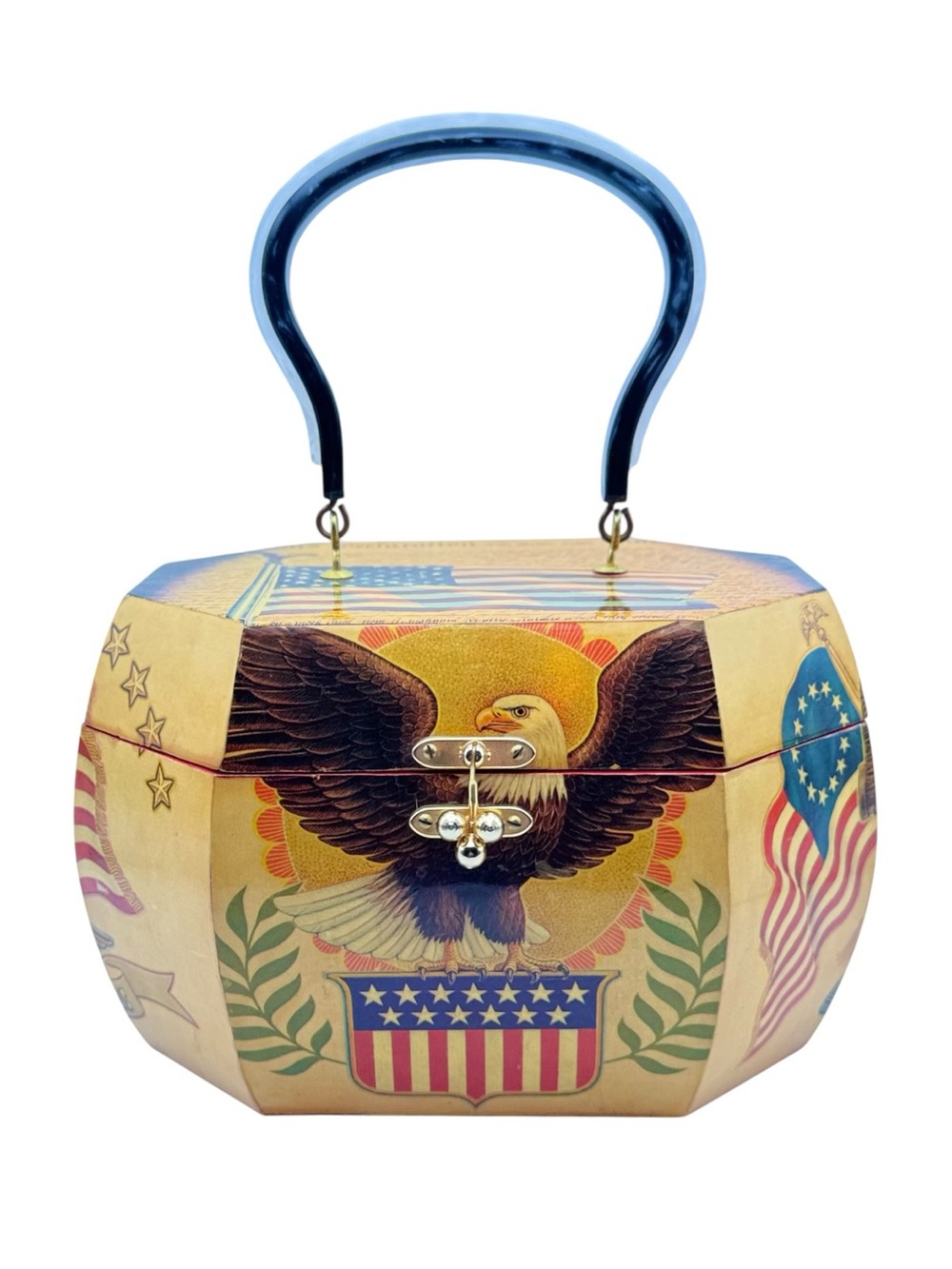 Vintage MCM "Americana" Decoupage Octagonal Wood & Lucite Handle Box Purse